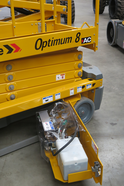 Haulotte Optimum 8 small electric scissor lift slide out tray